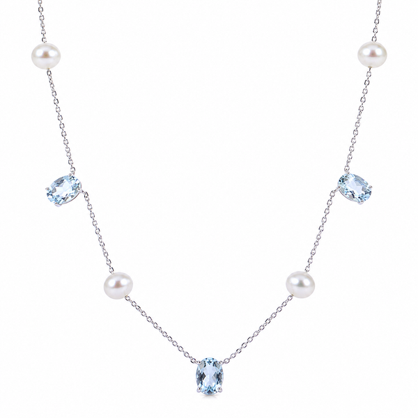 Imperial 14K White Gold Freshwater Pearl & Aquamarine Necklace 16 Inch Bradley's Jewelers Jacksonville, NC