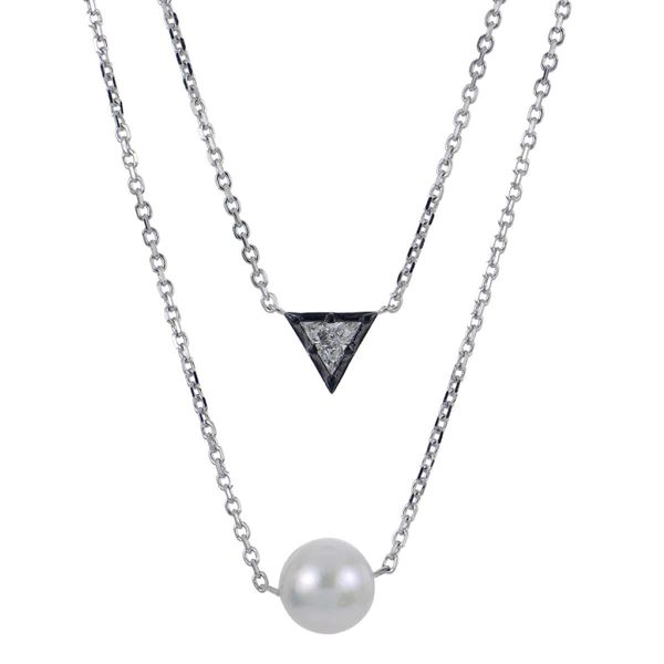Sterling Silver Double Chain Necklace with Lab-Grown Trillion Diamonds & Freshwater Cultured Pearl Bradley's Jewelers Jacksonville, NC