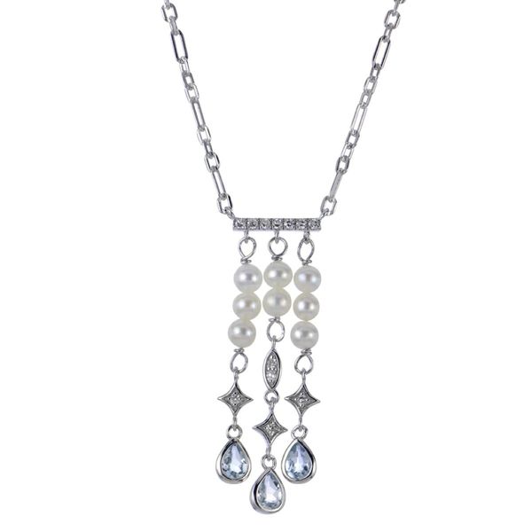 Sterling Silver Freshwater Pearl Strand Necklace with Pear Aquamarine & Diamonds Bradley's Jewelers Jacksonville, NC