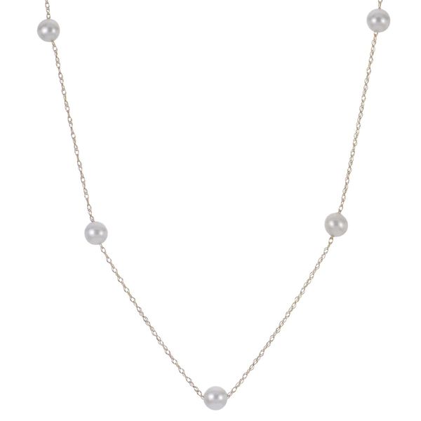 14K Yellow Gold Station Necklace with Seven 4.5-5mm Freshwater Cultured Pearls Bradley's Jewelers Jacksonville, NC