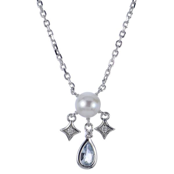 Sterling Silver Freshwater Pearl, Pear Aquamarine & Diamond Necklace Bradley's Jewelers Jacksonville, NC