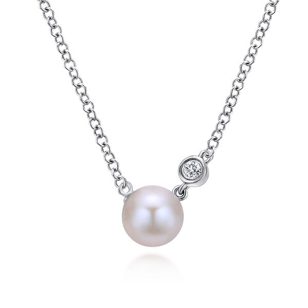 Gabriel & Co. Sterling Silver Cultured Pearl & Diamond Pendant Necklace Bradley's Jewelers Jacksonville, NC