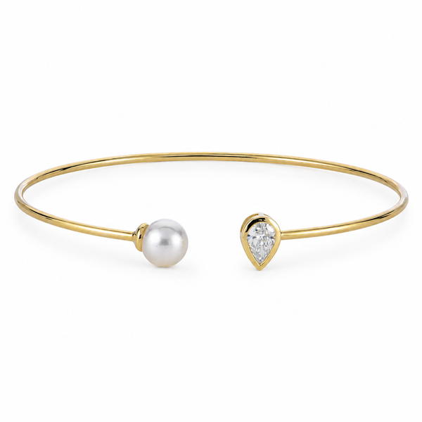 14K Yellow Gold Akoya Pearl and Pear Diamond Bangle Bracelet Bradley's Jewelers Jacksonville, NC