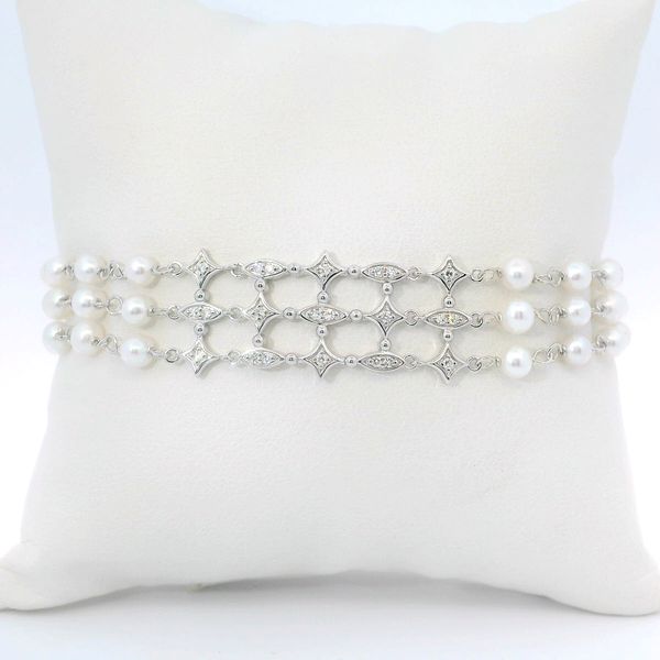 Sterling Silver Multi-Strand Freshwater Pearl Bracelet with 0.176 CTW Diamonds Bradley's Jewelers Jacksonville, NC