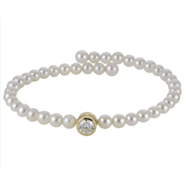 14K Yellow Gold Akoya Pearl Cuff Bangle Bracelet with 1.00 CT Lab-Grown Diamond Bradley's Jewelers Jacksonville, NC