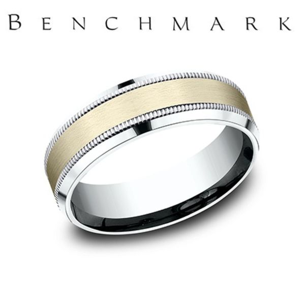 Benchmark Two-Tone 14K Gold Satin Milgrain Wedding Band 7mm Size 10 Bradley's Jewelers Jacksonville, NC