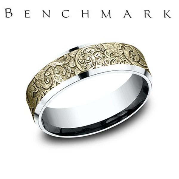 Two Tone 14K Engraved Bevel Wedding Band | 7mm Size 10 Bradley's Jewelers Jacksonville, NC