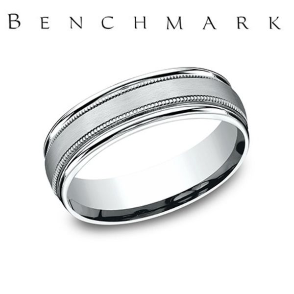 Benchmark 14K White Gold Milgrain Trim Wedding Band 6.5mm Size 10 Bradley's Jewelers Jacksonville, NC