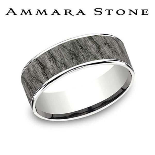 Ammara Stone 14K White Gold & Tantalum Lava Rock Finish Wedding Band 7.5mm Size 10 Bradley's Jewelers Jacksonville, NC
