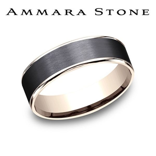 Ammara Stone 14K Rose Gold & Black Titanium Satin Wedding Band 6.5mm Bradley's Jewelers Jacksonville, NC