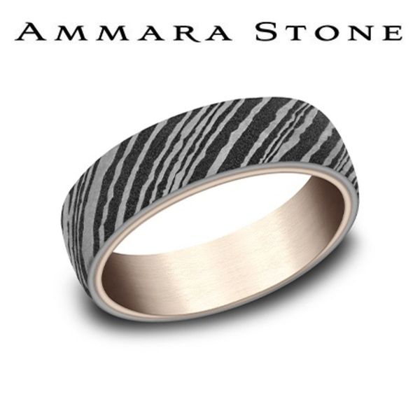 Ammara Stone Rose Gold & Damascus Steel Half Round Wedding Band 6.5mm Size 10 Bradley's Jewelers Jacksonville, NC