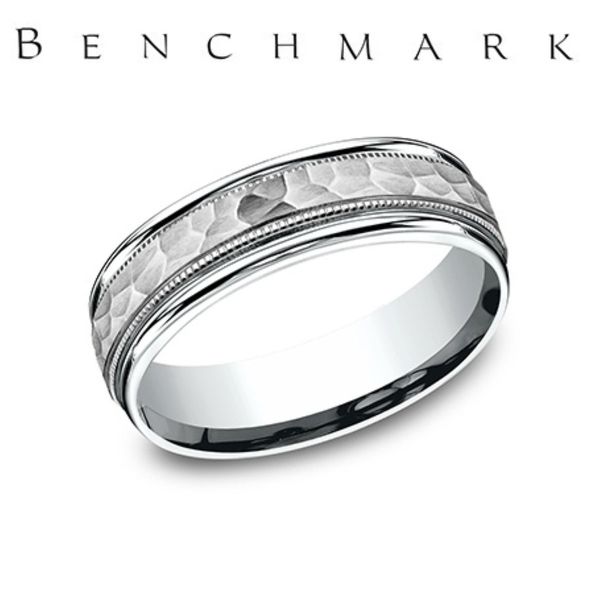Benchmark 14K White Gold Hammered & Milgrain Wedding Band 6.5mm Size 10 Bradley's Jewelers Jacksonville, NC