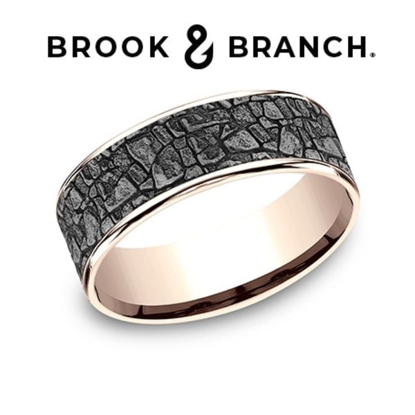 Brook & Branch 14K Rosé Gold & Tantalum Mountain Rock Wedding Band 7.5mm Size 10 Bradley's Jewelers Jacksonville, NC