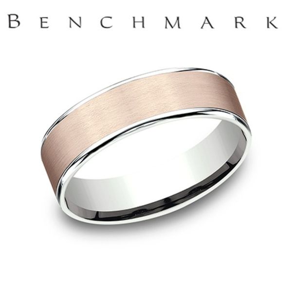 Benchmark Two-Tone Rose and White 14K Gold Satin Center Wedding Band 6.5mm Bradley's Jewelers Jacksonville, NC