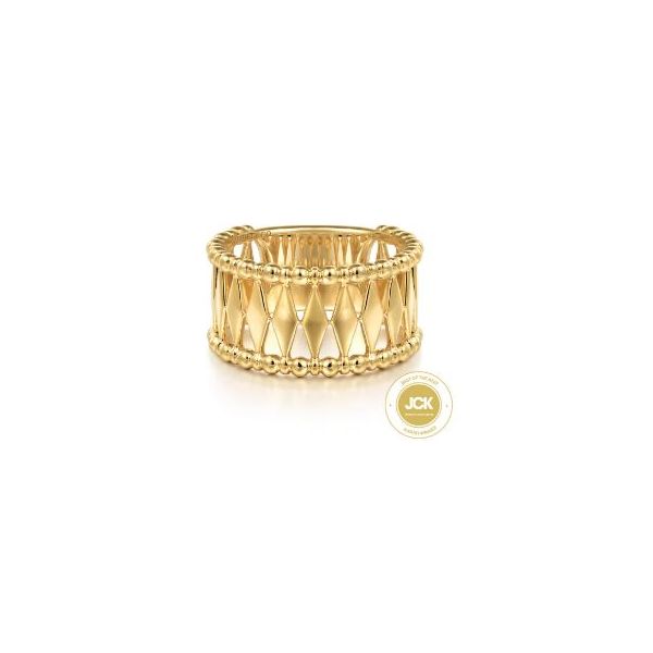 Gabriel & Co 14K Yellow Gold Bujukan Classic Wide Band Ladies Ring Bradley's Jewelers Jacksonville, NC