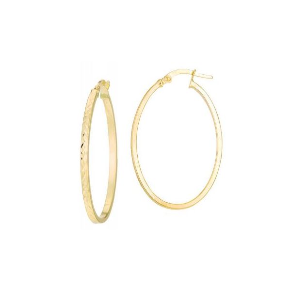 14K Yellow Gold Diamond Cut Flat Band Oval Hoop Earrings Bradley's Jewelers Jacksonville, NC