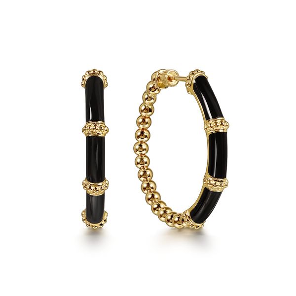 Gabriel & Co 14K Yellow Gold Bujukan Beads & Bar Split Classic Hoop with Black Enamel – Bujukan Collection Bradley's Jewelers Jacksonville, NC