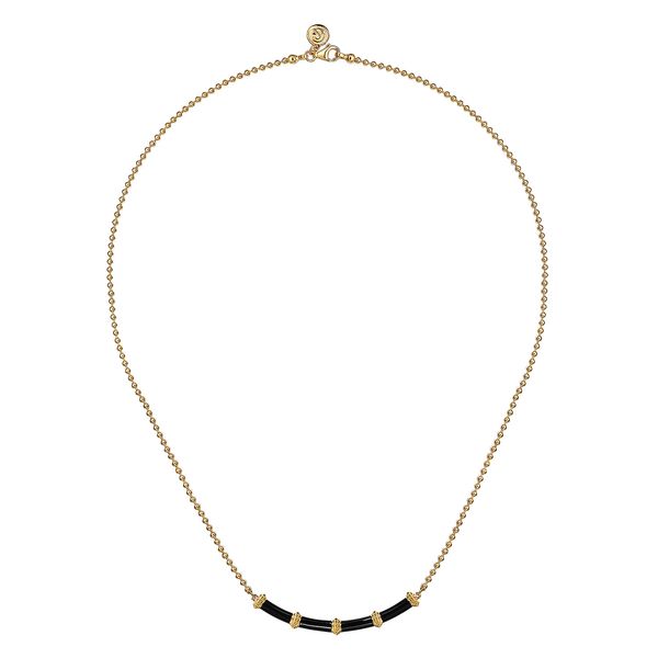 Gabriel & Co 14K Yellow Gold Bujukan Bar Necklace with Black Enamel Image 2 Bradley's Jewelers Jacksonville, NC