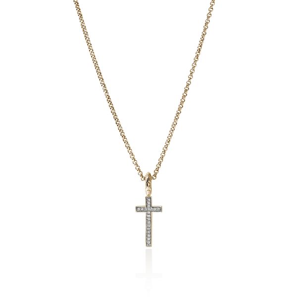 John Hardy Essentials 14K Yellow Gold Diamond Pave Cross Necklace .08CTW Bradley's Jewelers Jacksonville, NC