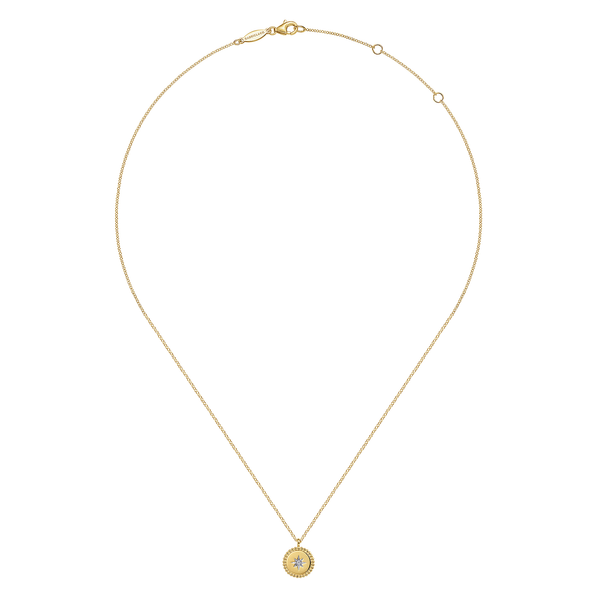 Gabriel & Co 14K Yellow Gold Bujukan Medallion Necklace with Starburst Diamond Center Image 2 Bradley's Jewelers Jacksonville, NC
