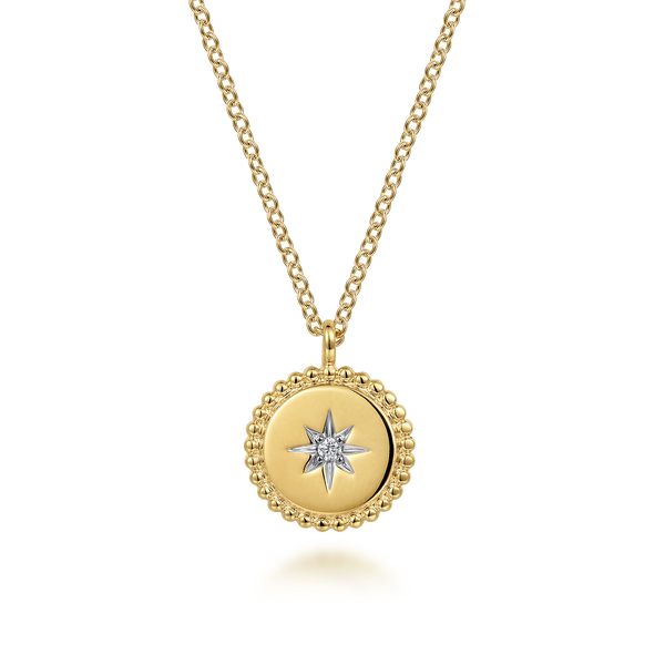 Gabriel & Co 14K Yellow Gold Bujukan Medallion Necklace with Starburst Diamond Center Bradley's Jewelers Jacksonville, NC