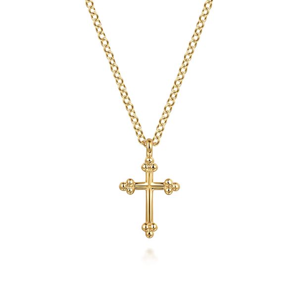 Gabriel & Co 14K Yellow Gold Bujukan 12mm Cross Necklace Bradley's Jewelers Jacksonville, NC