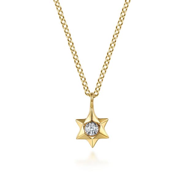 Gabriel & Co. Contemporary 14K Yellow Gold Star of David Pendant Necklace with 0.03 CTW Diamonds Bradley's Jewelers Jacksonville, NC