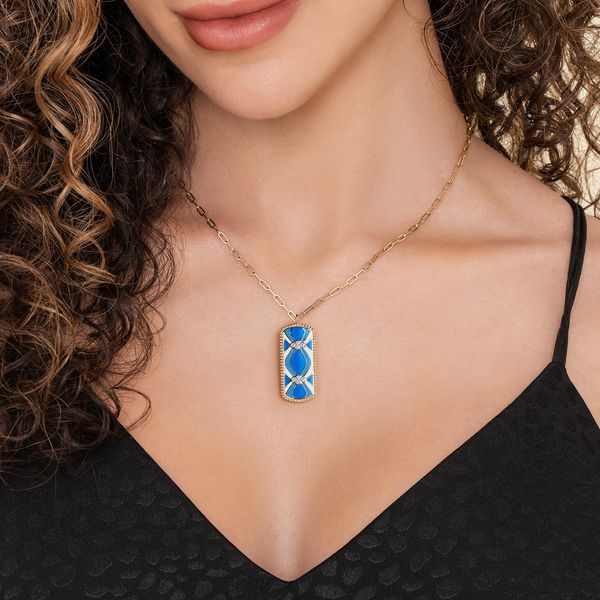 Gabriel & Co. Bujukan 14K Yellow Gold 0.11 CTW Diamond Dog Tag Pendant Necklace with Blue, Dusk Blue & White Enamel Image 4 Bradley's Jewelers Jacksonville, NC