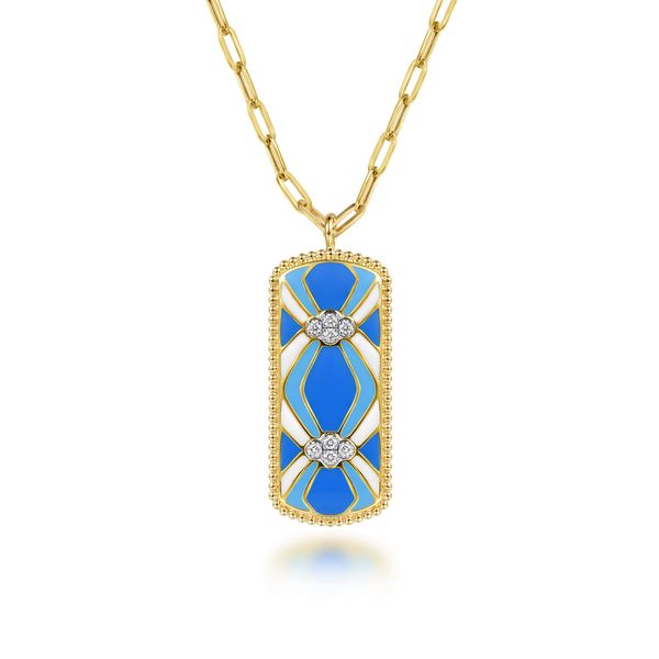 Gabriel & Co. Bujukan 14K Yellow Gold 0.11 CTW Diamond Dog Tag Pendant Necklace with Blue, Dusk Blue & White Enamel Bradley's Jewelers Jacksonville, NC