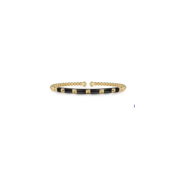 Gabriel & Co 14K Yellow Gold Bujukan Beads & Pyramid Split Bangle with Black Enamel Bradley's Jewelers Jacksonville, NC