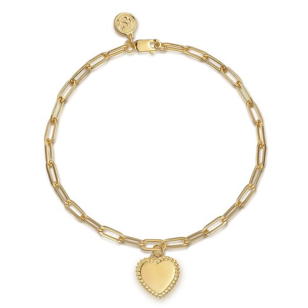 Gabriel & Co 14K Yellow Gold Paperclip Chain Bracelet with Bujukan Framed Heart Charm Bradley's Jewelers Jacksonville, NC