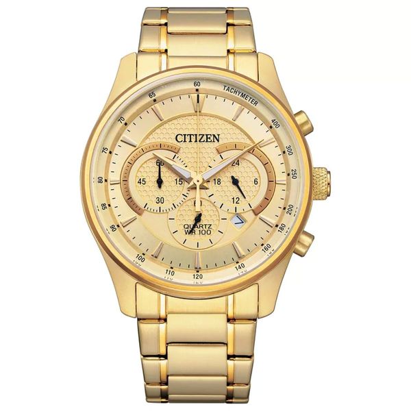 Citizen Men's Quartz Chronograph Watch | WR100 Champagne Dial Bradley's Jewelers Jacksonville, NC
