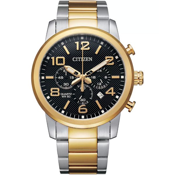 Citizen Men's Quartz Chronograph Watch | Two-Tone Black Dial WR100 Bradley's Jewelers Jacksonville, NC