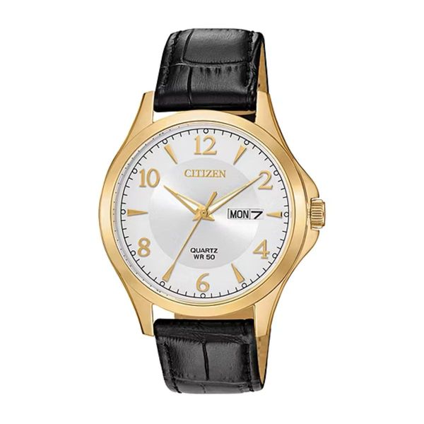 Citizen Men’s Quartz Watch | Gold-Tone Case Silver Dial Black Leather Day-Date Bradley's Jewelers Jacksonville, NC