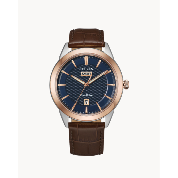 Men's Citizen Eco-Drive 40mm Rose Gold & Silver-Tone Watch with Brown Leather Strap Bradley's Jewelers Jacksonville, NC