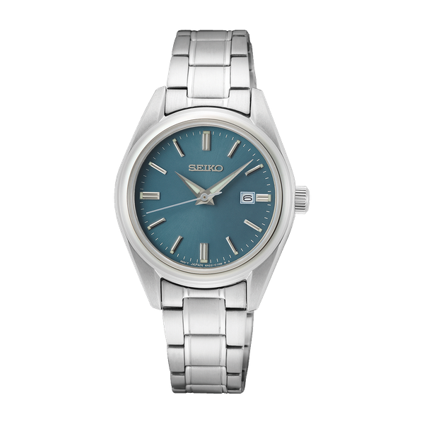 Seiko Essentials Women's Stainless Steel Watch 29.8mm Blue Dial SUR531 Bradley's Jewelers Jacksonville, NC