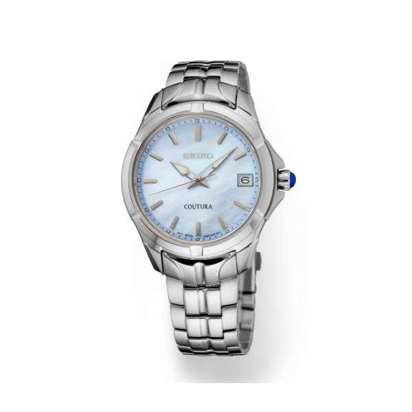 Seiko Coutura Women's Stainless Steel Watch 34mm Light Blue Mother-of-Pearl Dial SUR583 Bradley's Jewelers Jacksonville, NC