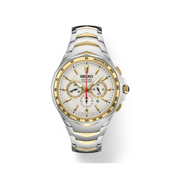 Seiko Coutura Men's Two-Tone Chronograph Watch 45.5mm White Dial SRWZ24 Bradley's Jewelers Jacksonville, NC