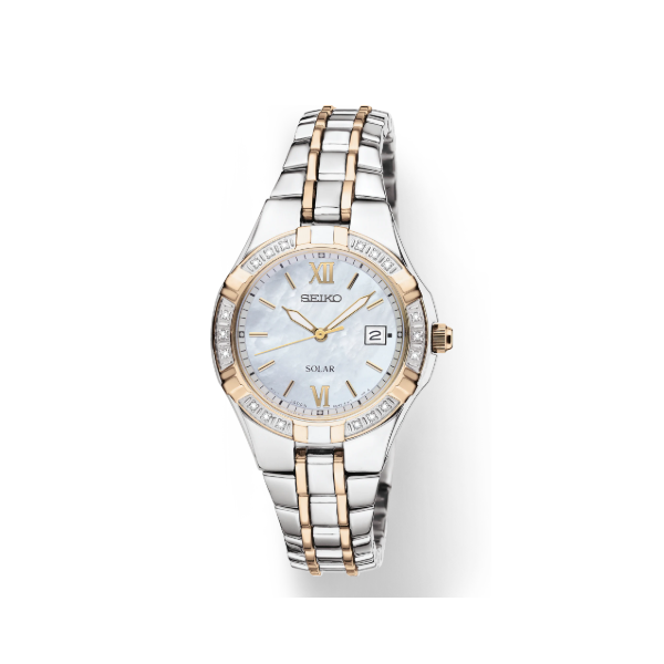 Seiko Solar Women's Two-Tone Diamond Watch 27mm Mother-of-Pearl Dial SUT068 Bradley's Jewelers Jacksonville, NC