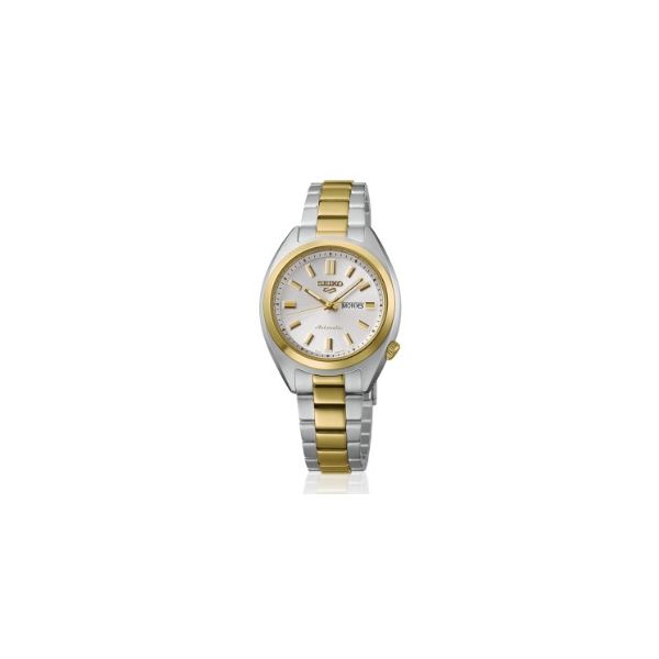 Seiko 5 Sports SNXS Series DayDate 32mm Stainless Steel Case and Bracelet with Two Tone accent Curved Hardlex Crystal Lumibrite Hands and Indexes Bradley's Jewelers Jacksonville, NC