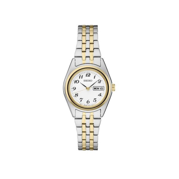 Seiko Essentials SS 26mm Stainless Steel Case and bracelet with Two Tone accents Quartz Movement Hardlex Crystal Bradley's Jewelers Jacksonville, NC