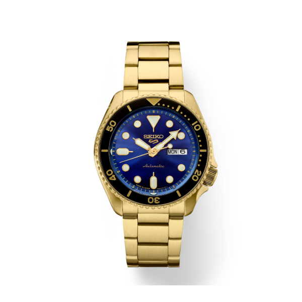 Seiko 5 Sports42mm  Blue Face Automatic with manual winding capabilities Day Date Calendar Luminous hands and markers Hardlex Crystal Bradley's Jewelers Jacksonville, NC