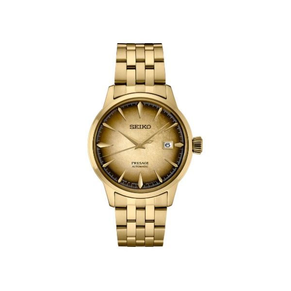 Seiko Presage Date 40mm Stainless Steel Case and bracelet with gold finish Automatic Movement Hardlex Crystal Bradley's Jewelers Jacksonville, NC