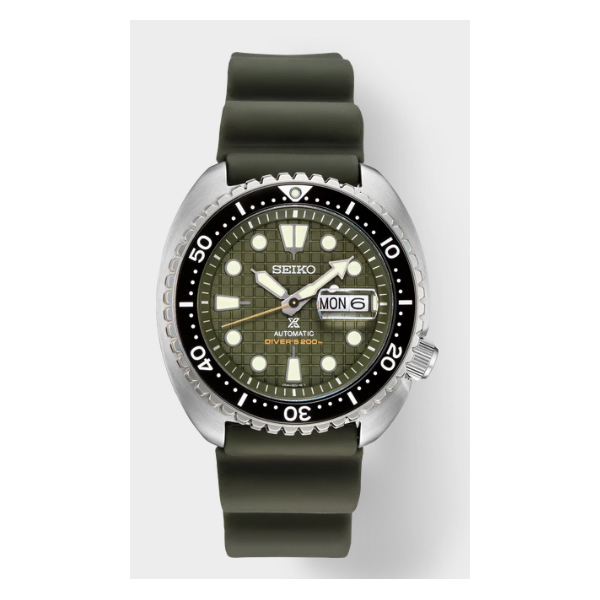 Seiko Prospex Stainless Steel Case Day Date Automatic Green Dial Silicone Strap 45mm 200 Meter water resistance Sapphire Crystal Bradley's Jewelers Jacksonville, NC
