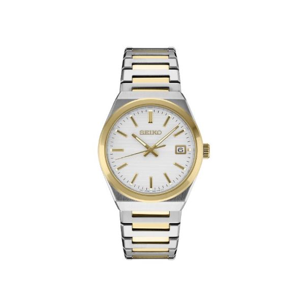 Seiko Essentials 39mm Stainless Steel Two Tone Case and bracelet Quartz Movement White Dial Sapphire Crystal Bradley's Jewelers Jacksonville, NC