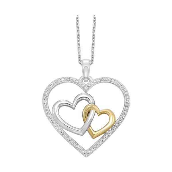 10K Yellow Gold and Sterling Silver .05 CTW Diamond Double Heart Pendant Bradley's Jewelers Jacksonville, NC