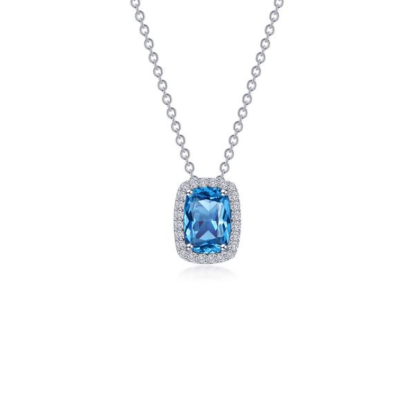 Lafonn Simulated Blue Topaz Cushion Halo Pendant Necklace 4.26 CTW Bradley's Jewelers Jacksonville, NC