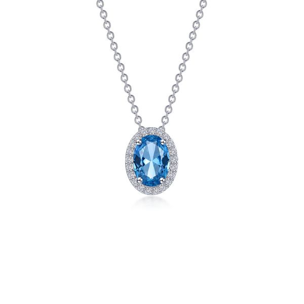 Lafonn Simulated Blue Topaz Oval Halo Pendant Necklace 2.56 CTW Bradley's Jewelers Jacksonville, NC