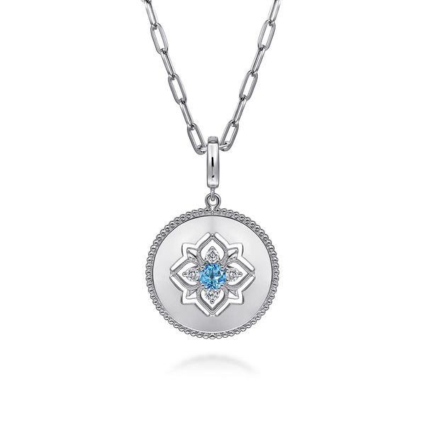 Gabriel & Co Sterling Silver Blue Topaz & White Sapphire Bujukan Medallion Pendant Image 3 Bradley's Jewelers Jacksonville, NC