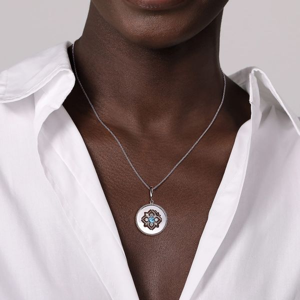 Gabriel & Co Sterling Silver Blue Topaz & White Sapphire Bujukan Medallion Pendant Image 4 Bradley's Jewelers Jacksonville, NC